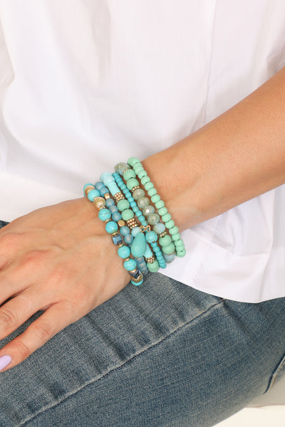 MIX BEADS NATURAL STONE WOOD CHARM STRETCH BRACELET SET