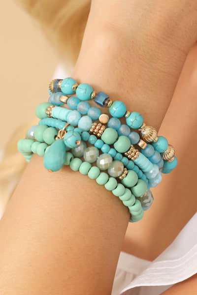 MIX BEADS NATURAL STONE WOOD CHARM STRETCH BRACELET SET