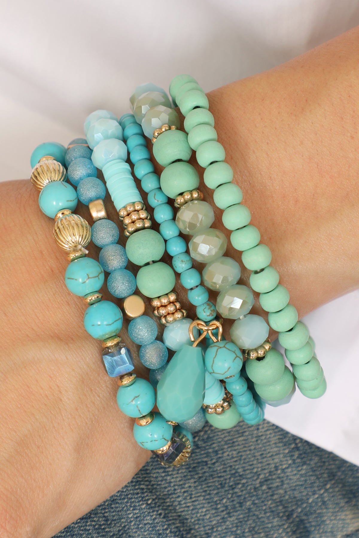 MIX BEADS NATURAL STONE WOOD CHARM STRETCH BRACELET SET