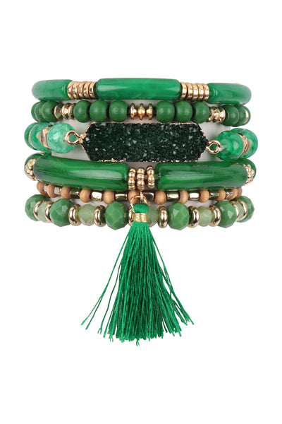 CHARM MIX BEADS TUBULAR DRUZY W/ TASSEL VERSATILE BRACELET