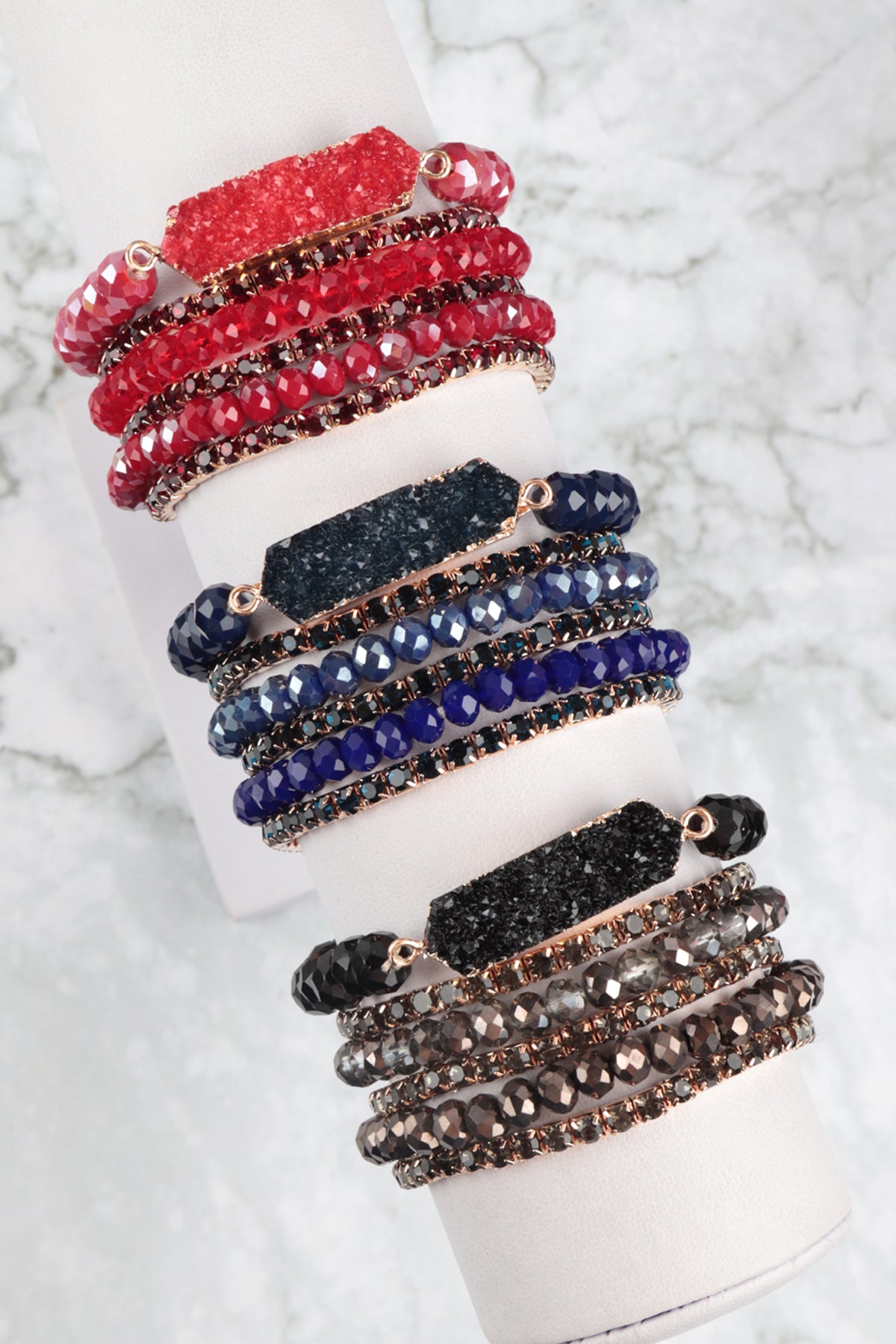 DRUZY, RHINESTONE, RONDELLE BEADS MIX STACKABLE BRACELET SET