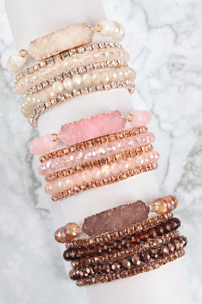 DRUZY, RHINESTONE, RONDELLE BEADS MIX STACKABLE BRACELET SET