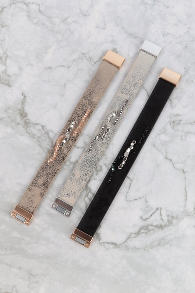 TEXTURED LEATHER WRAP WITH METAL BEADS MAGNETIC LOCK BRACELET