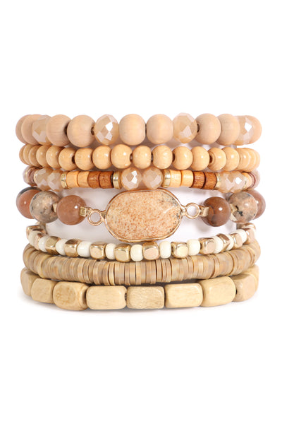 CHARM LAYERED WOOD, FIMO, RONDELLE MIX BEADS STACKABLE BRACELET