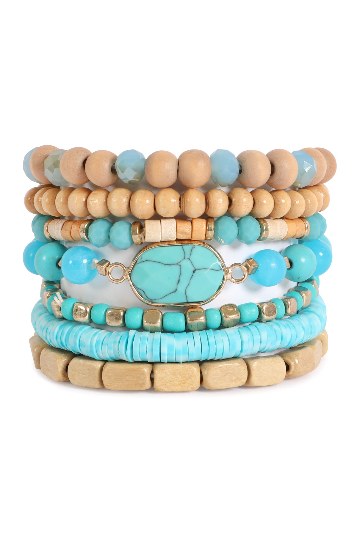 CHARM LAYERED WOOD, FIMO, RONDELLE MIX BEADS STACKABLE BRACELET