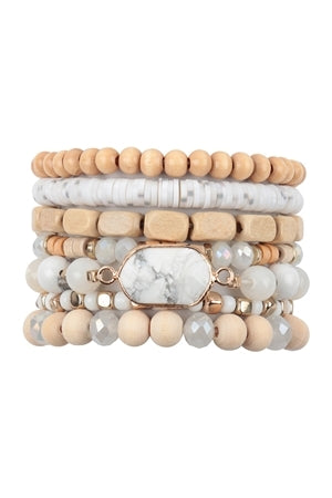 CHARM LAYERED WOOD, FIMO, RONDELLE MIX BEADS STACKABLE BRACELET