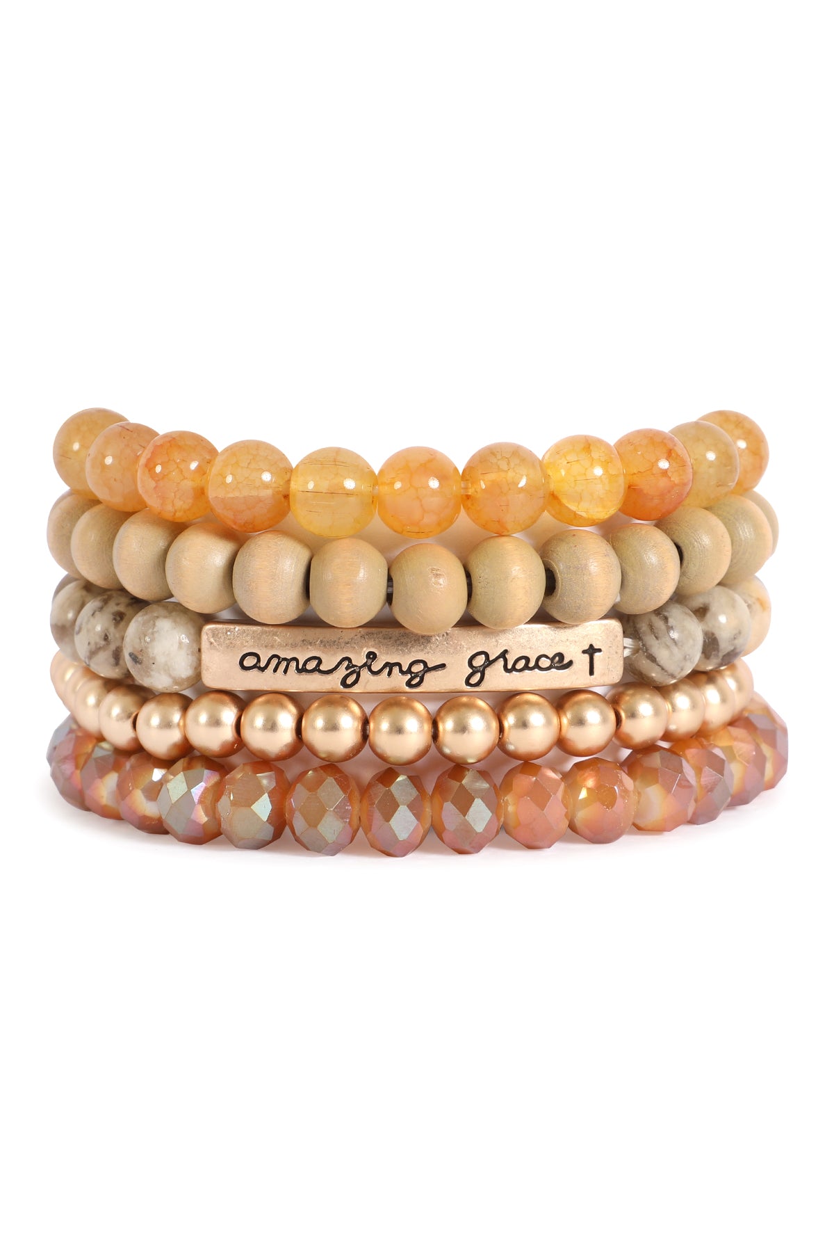 AMAZING GRACE LAYERED WOOD, NATURAL STONE, CCB RONDELLE MIX BEADS STACKABLE BRACELET