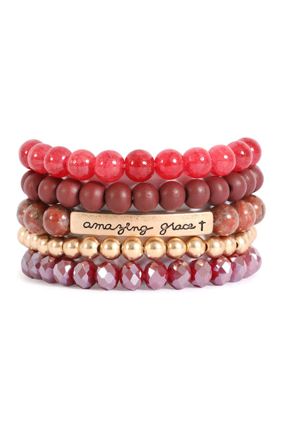 AMAZING GRACE LAYERED WOOD, NATURAL STONE, CCB RONDELLE MIX BEADS STACKABLE BRACELET