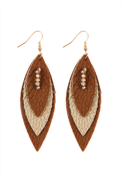 THREE LAYER FRINGED LEATHER MARQUISE EARRINGS