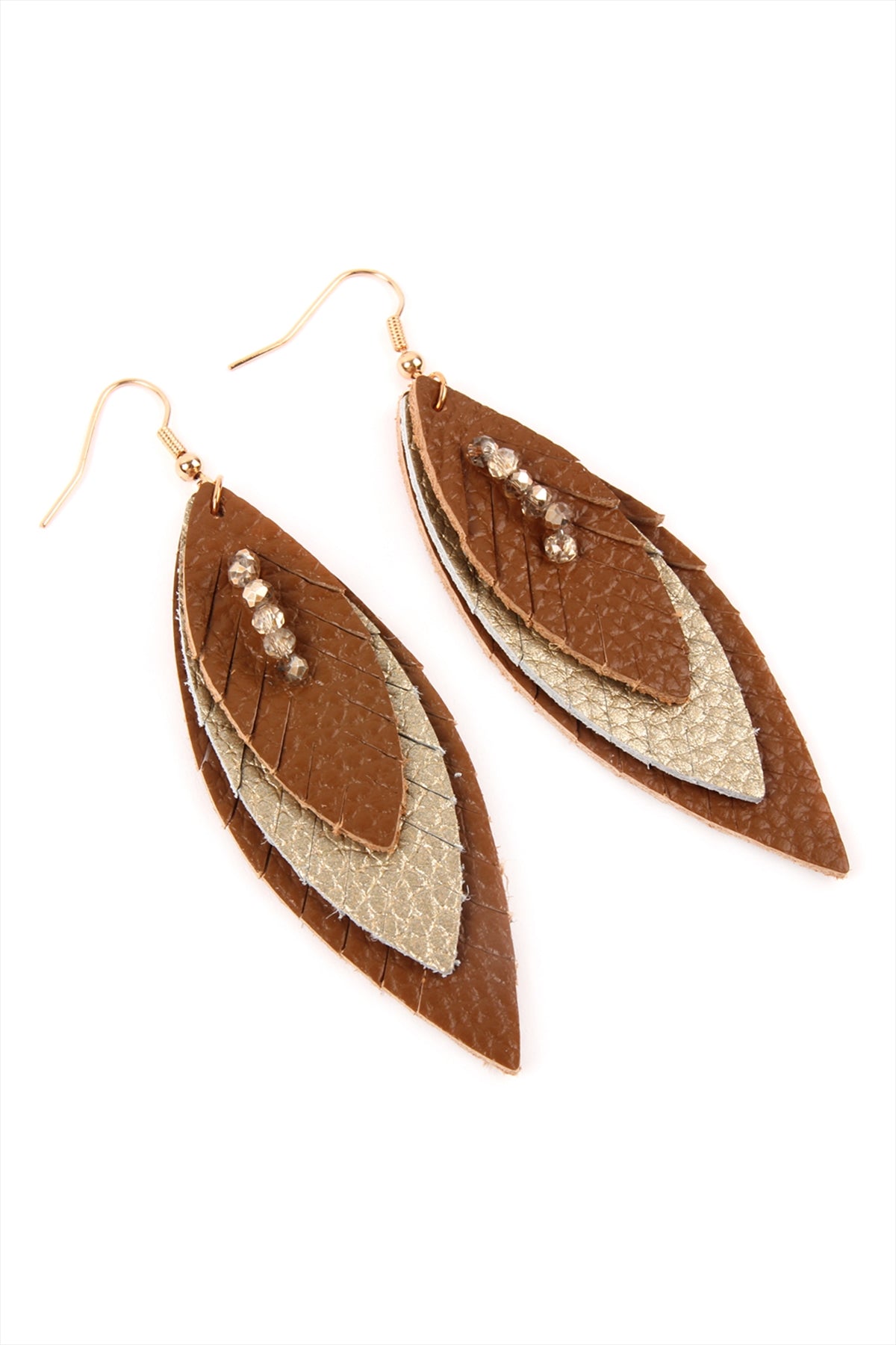 THREE LAYER FRINGED LEATHER MARQUISE EARRINGS