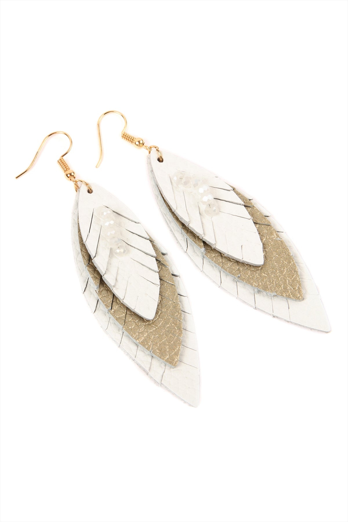 THREE LAYER FRINGED LEATHER MARQUISE EARRINGS