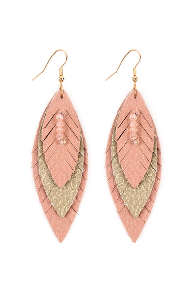 THREE LAYER FRINGED LEATHER MARQUISE EARRINGS