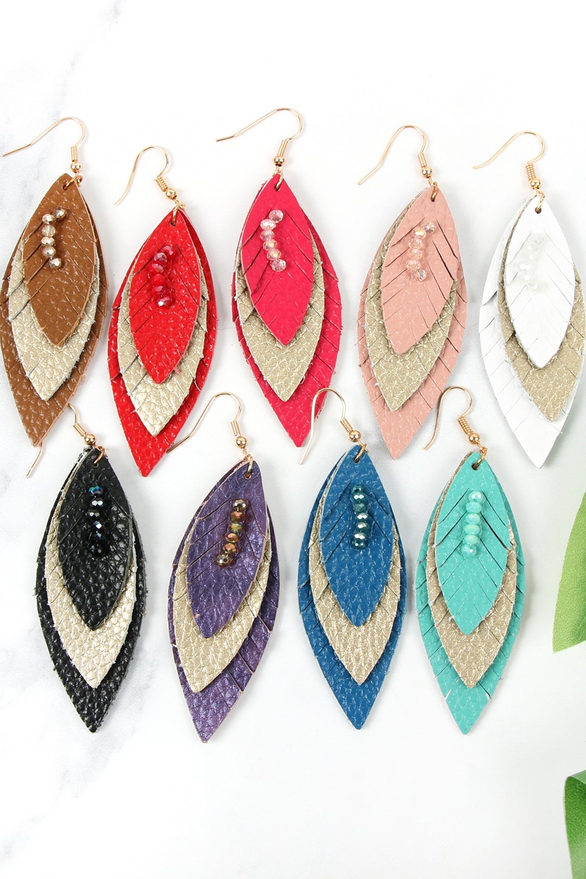 THREE LAYER FRINGED LEATHER MARQUISE EARRINGS