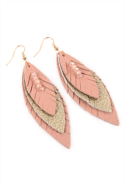 THREE LAYER FRINGED LEATHER MARQUISE EARRINGS