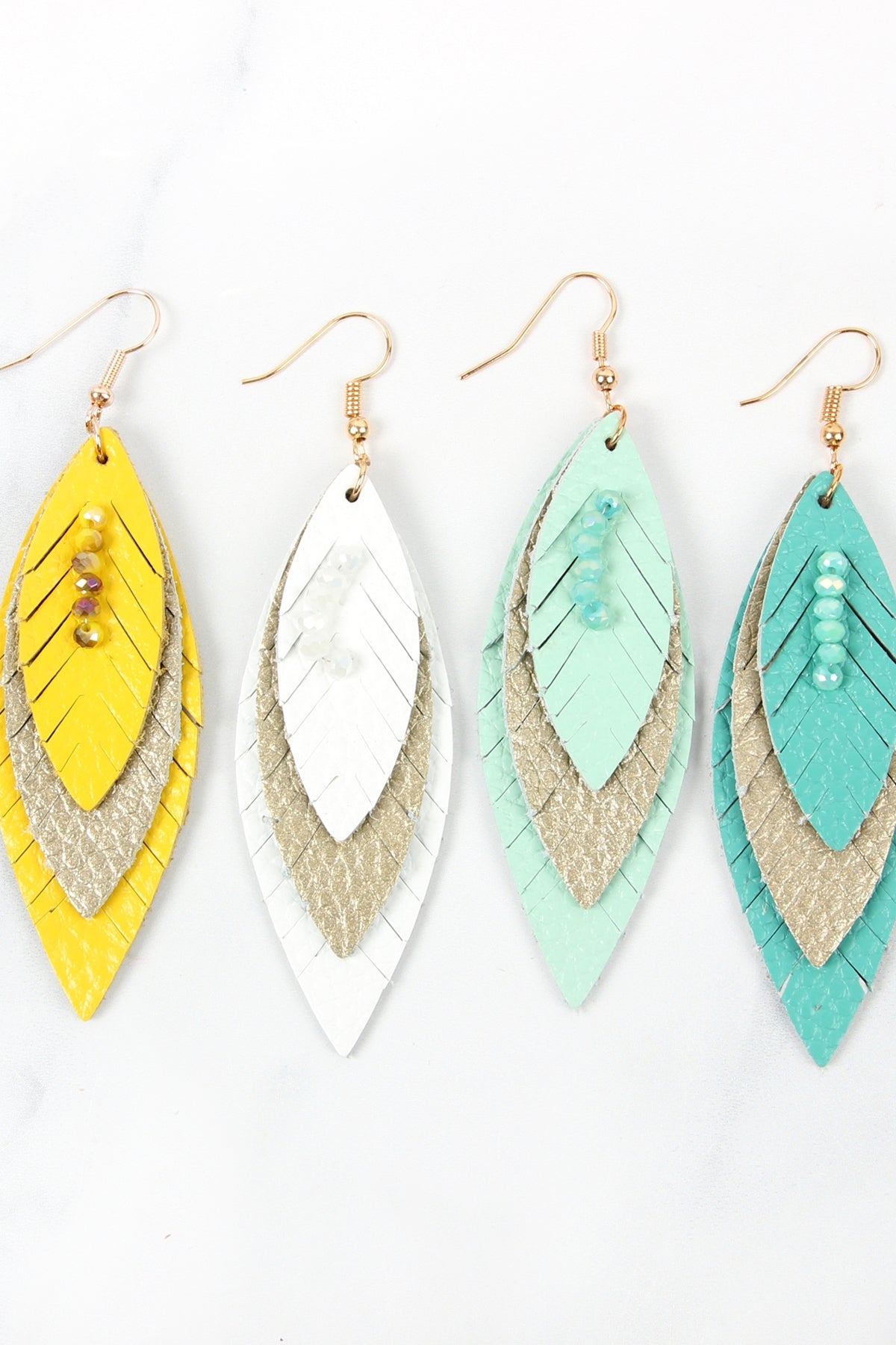 THREE LAYER FRINGED LEATHER MARQUISE EARRINGS