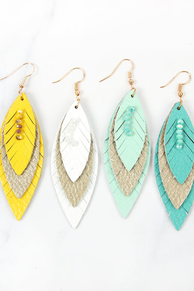 THREE LAYER FRINGED LEATHER MARQUISE EARRINGS