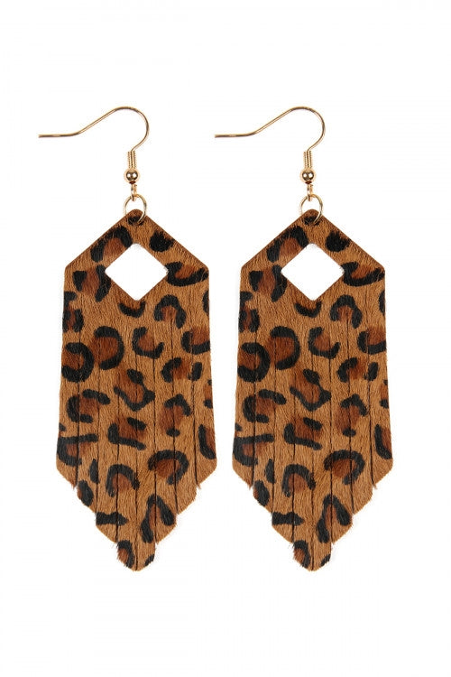 FRINGE HEXAGON LEOPARD LEATHER HOOK EARRINGS