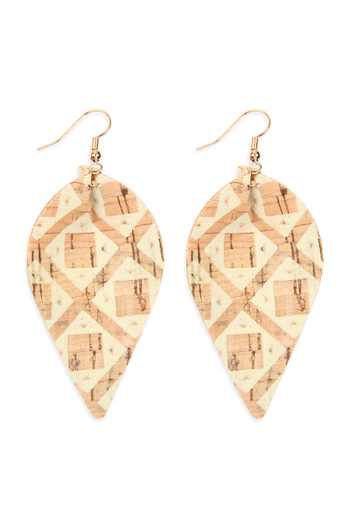 TRIBAL PATTERN PRINTED CORK PINCHED MARQUISE EARRING