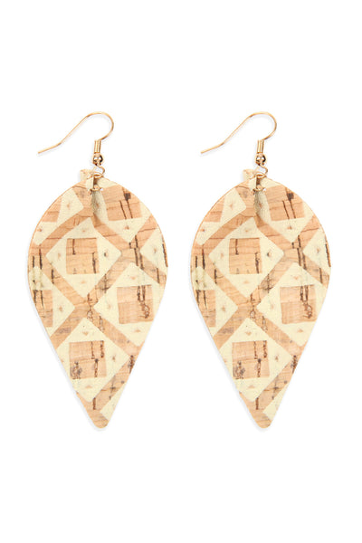TRIBAL PATTERN PRINTED CORK PINCHED MARQUISE EARRING