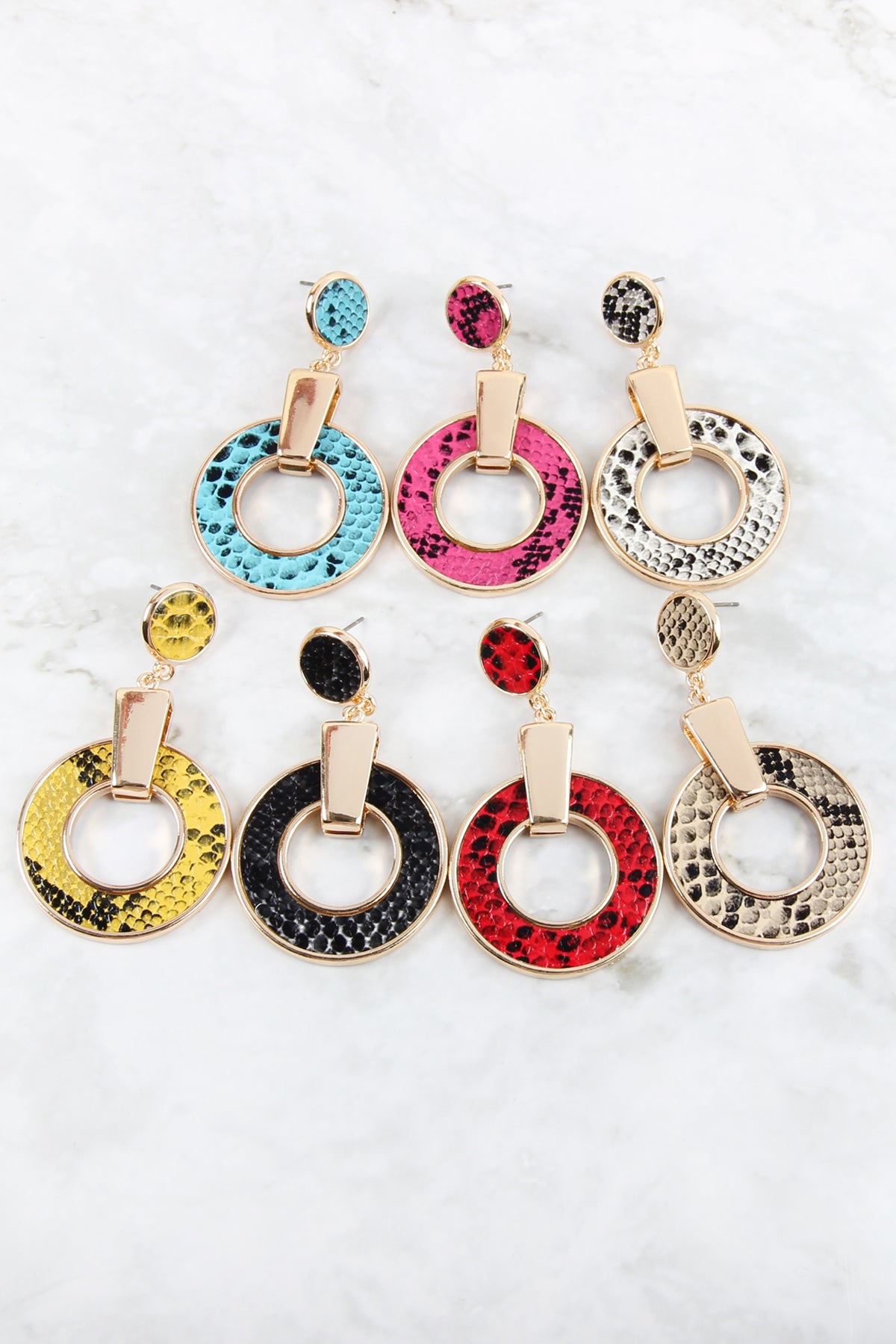 LINKED HOOP SNAKE SKIN PRINTED DANGLE POST EARRINGS/6PAIRS