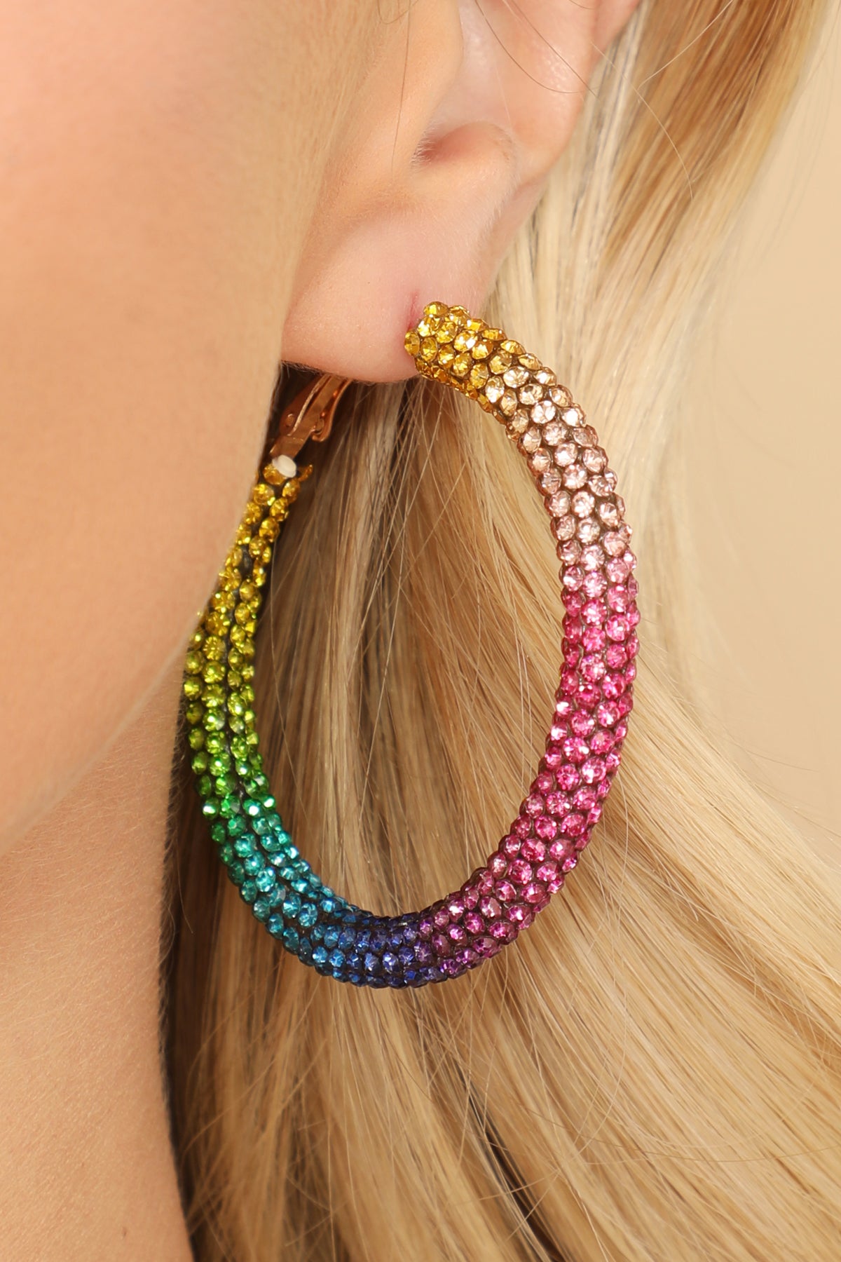 IRIDESCENT CLEAR RHINESTONE COATED HOOP EARRINGS/6PAIRS