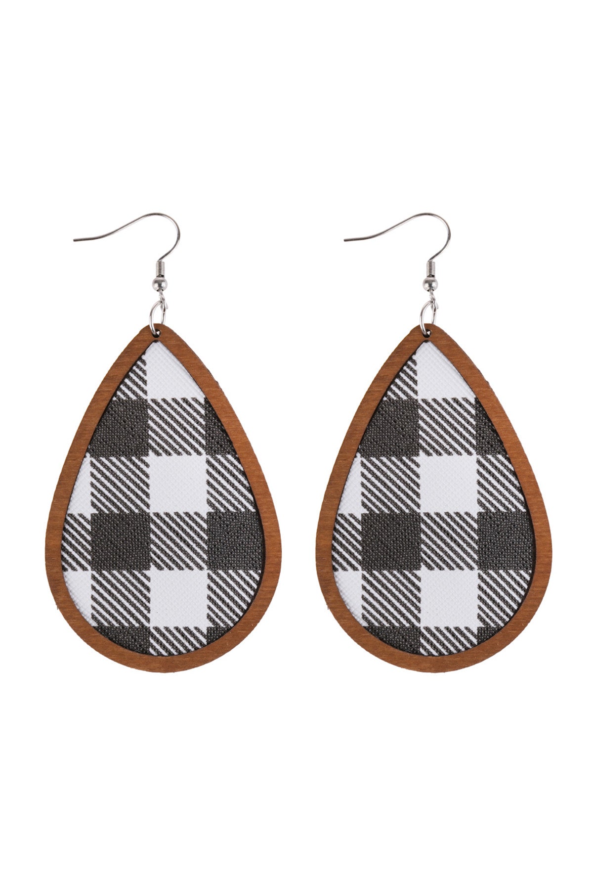 PLAID WOOD FRAME TEARDROP EARRINGS