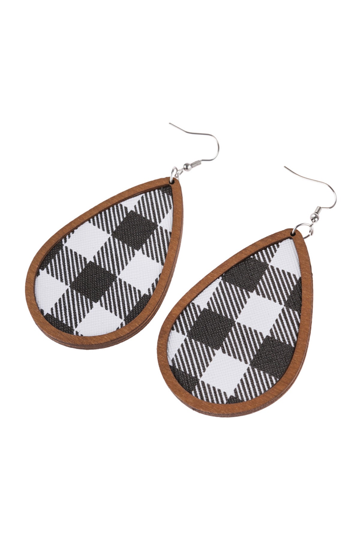 PLAID WOOD FRAME TEARDROP EARRINGS