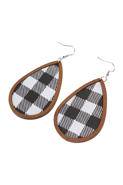 PLAID WOOD FRAME TEARDROP EARRINGS