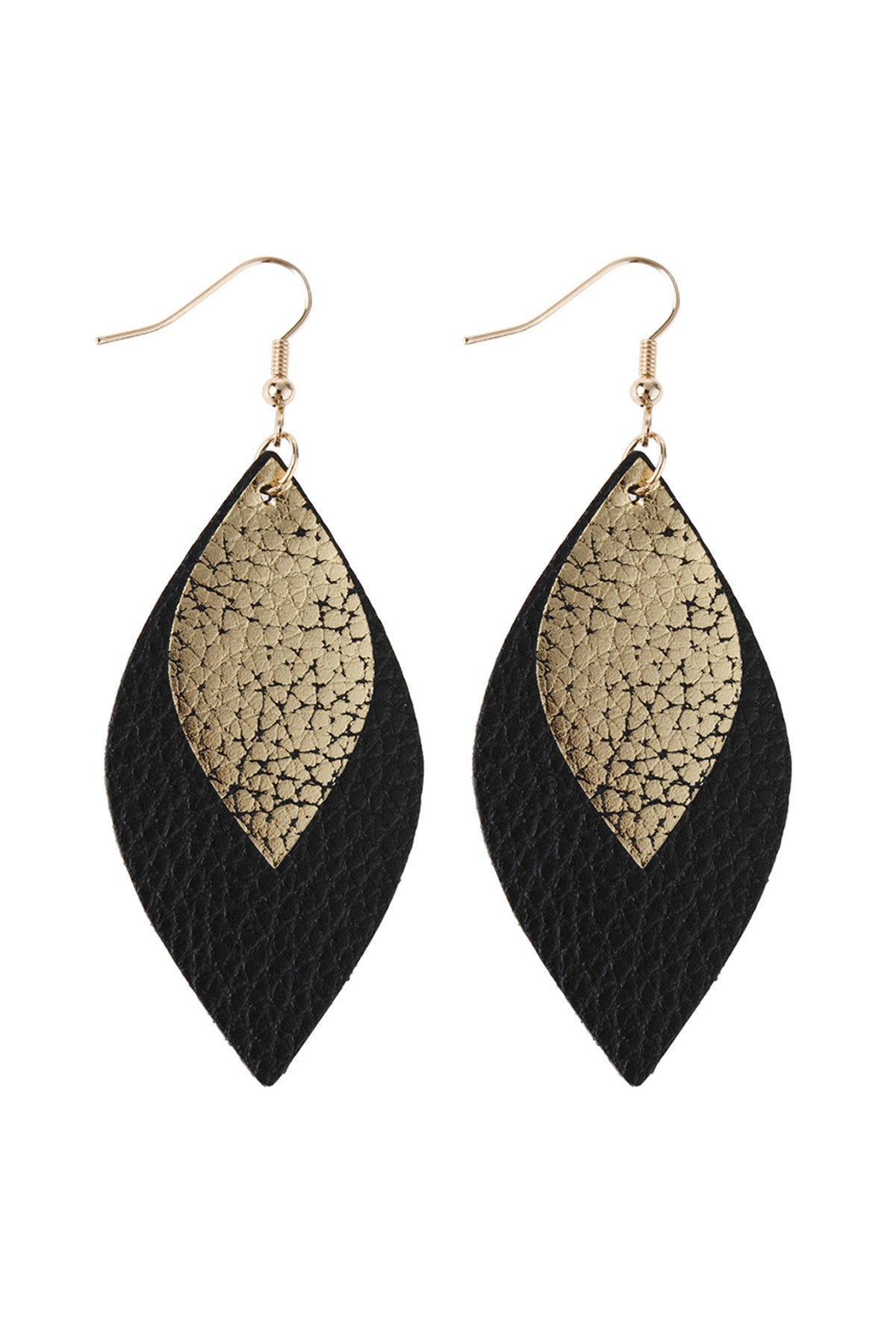 MARQUISE GOLD LEATHER LAYERED DROP FISH HOOK EARRINGS