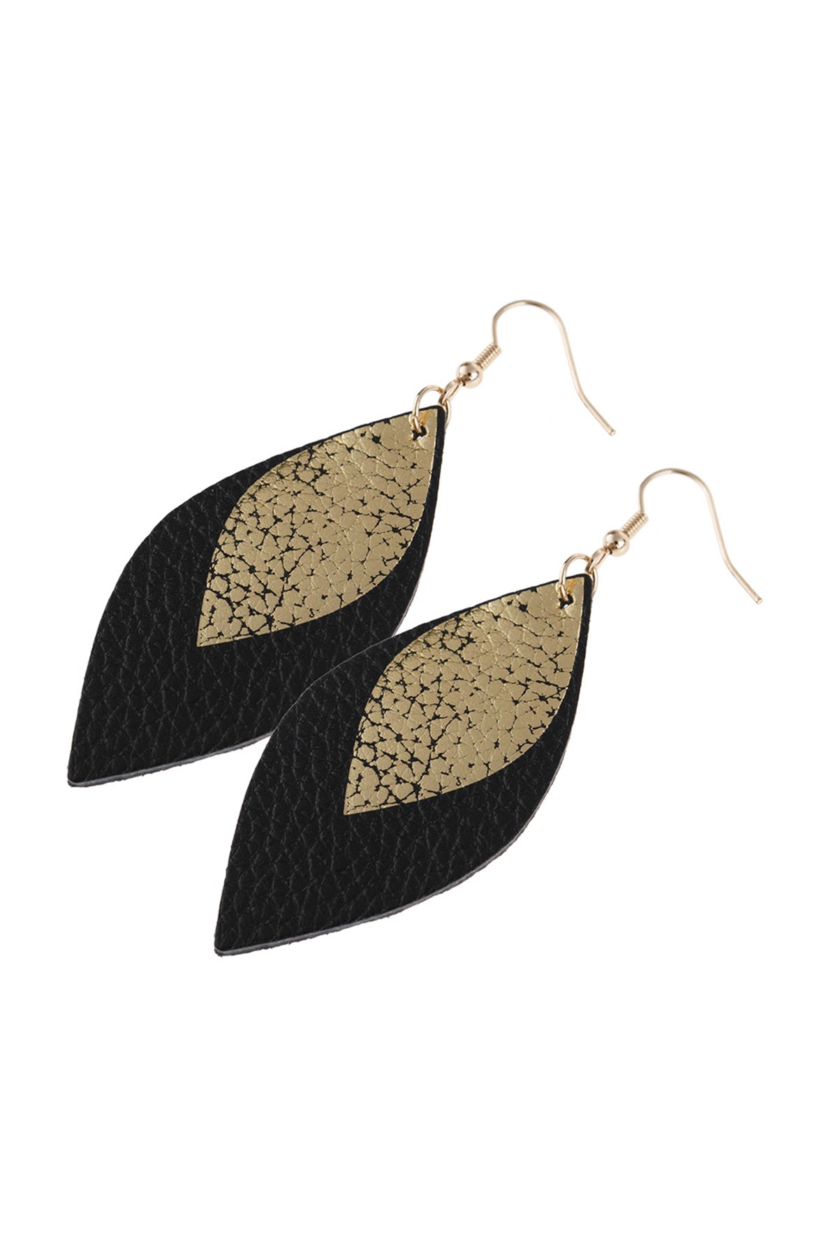 MARQUISE GOLD LEATHER LAYERED DROP FISH HOOK EARRINGS