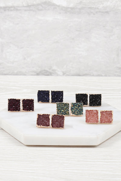 SQUARE DRUZY STONE STUD EARRINGS/6PAIRS