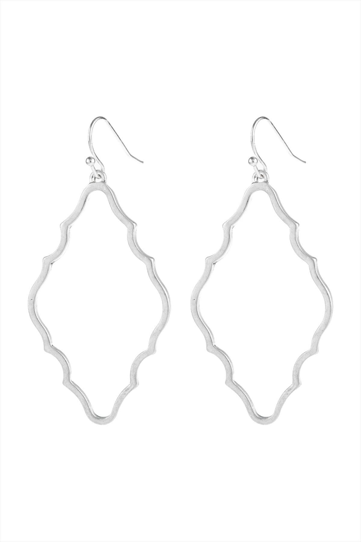 MATTE SILVER MOROCCAN CUTOUT DANGLE HOOK EARRINGS