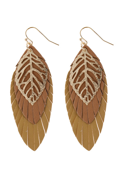 LEAF LAYERED FRINGED LEATHER EARRINGS