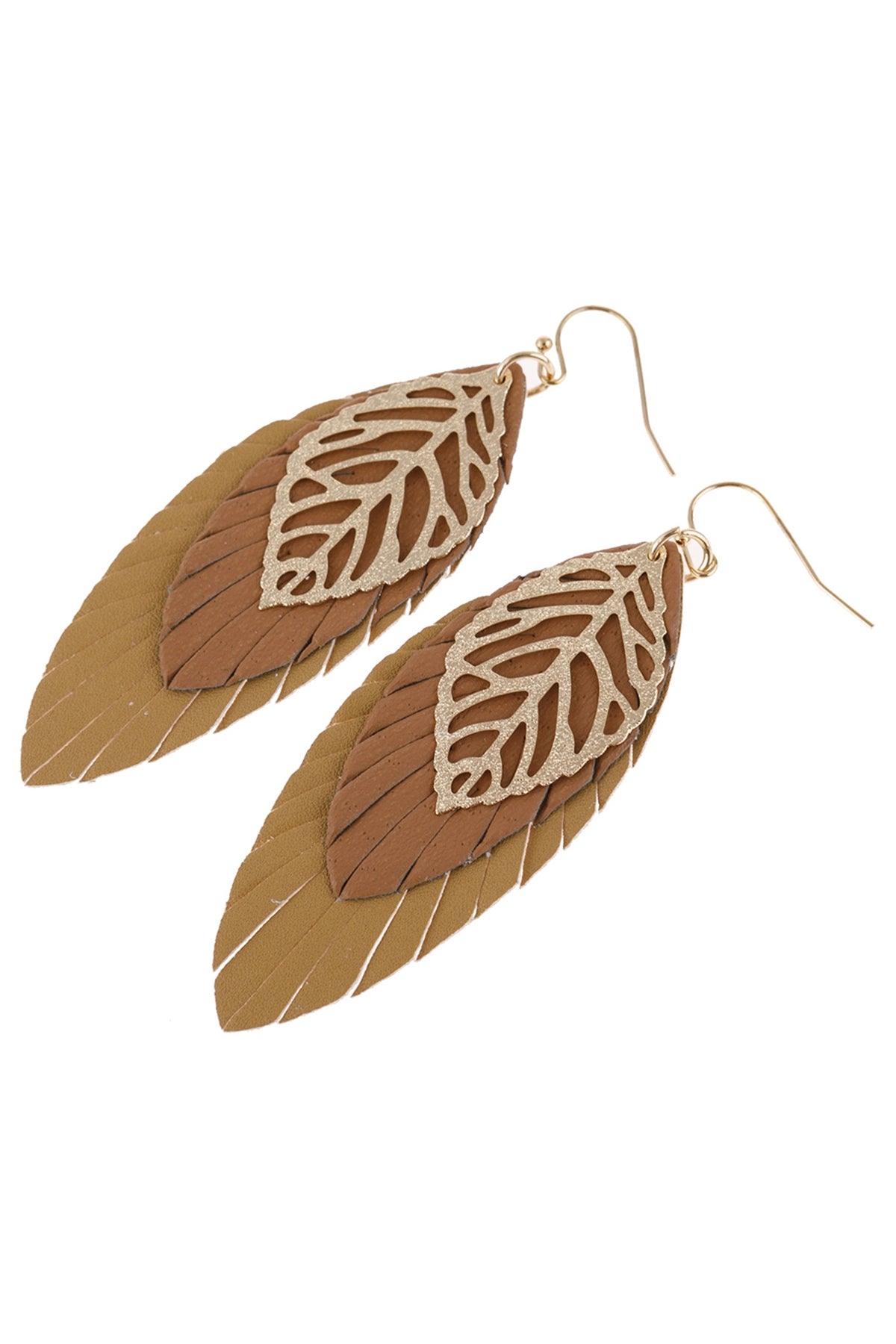 LEAF LAYERED FRINGED LEATHER EARRINGS