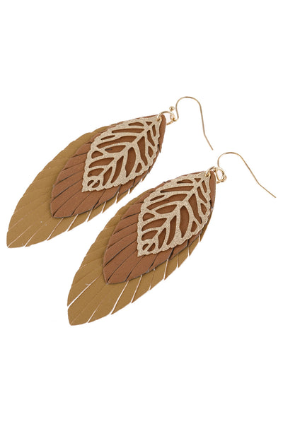 LEAF LAYERED FRINGED LEATHER EARRINGS