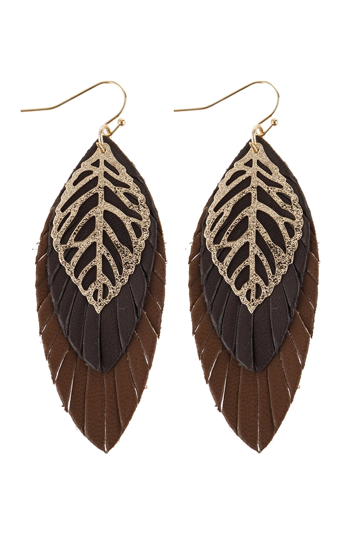 LEAF LAYERED FRINGED LEATHER EARRINGS