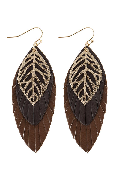 LEAF LAYERED FRINGED LEATHER EARRINGS