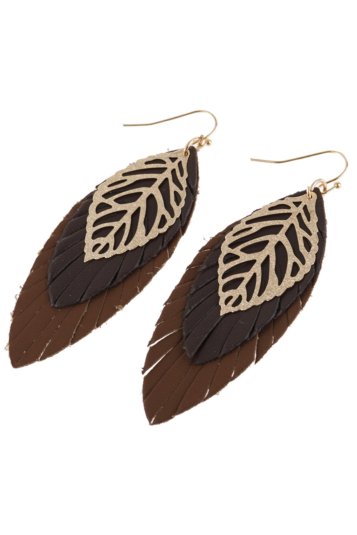 LEAF LAYERED FRINGED LEATHER EARRINGS