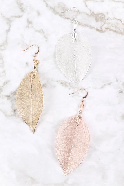 LEAF TEXTURED DROP HOOK EARRINGS