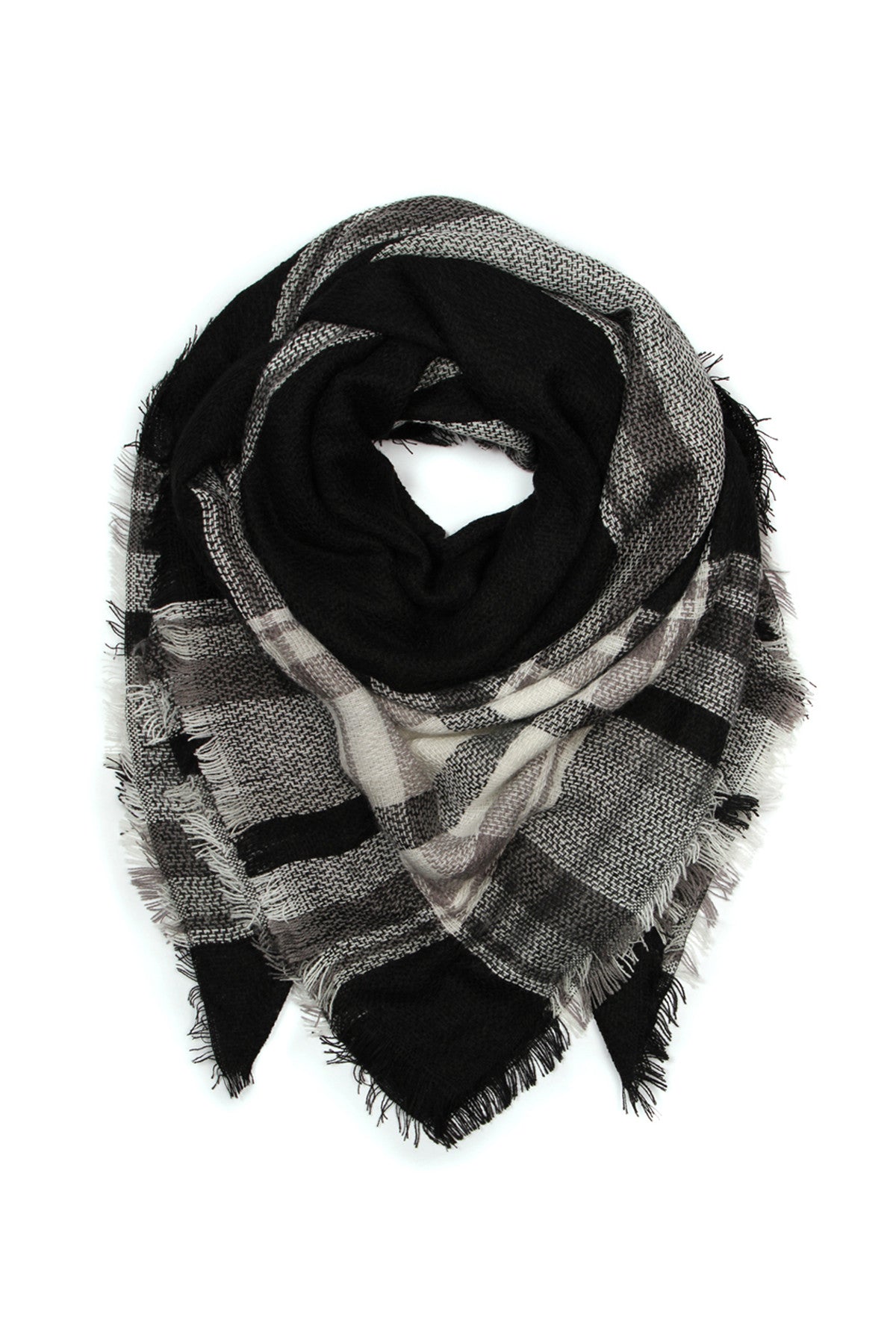 BLACK GRAY BLANKET FRINGED SCARF