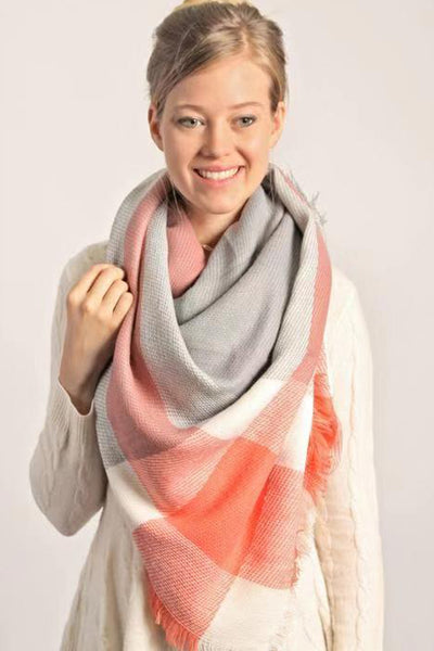 GRAY ORANGE BLANKET FRINGED SCARF