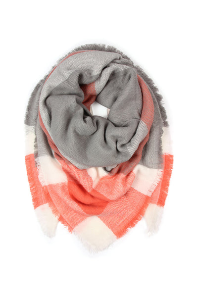 GRAY ORANGE BLANKET FRINGED SCARF