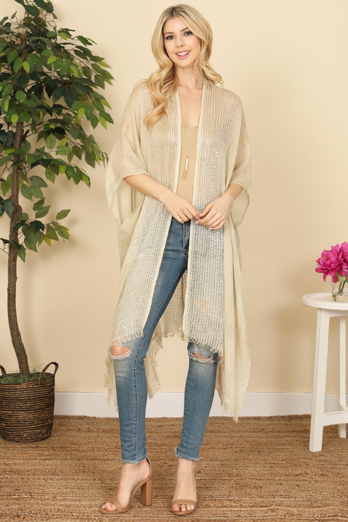 GLITTERED FRINGED OPEN CARDIGAN/6PCS