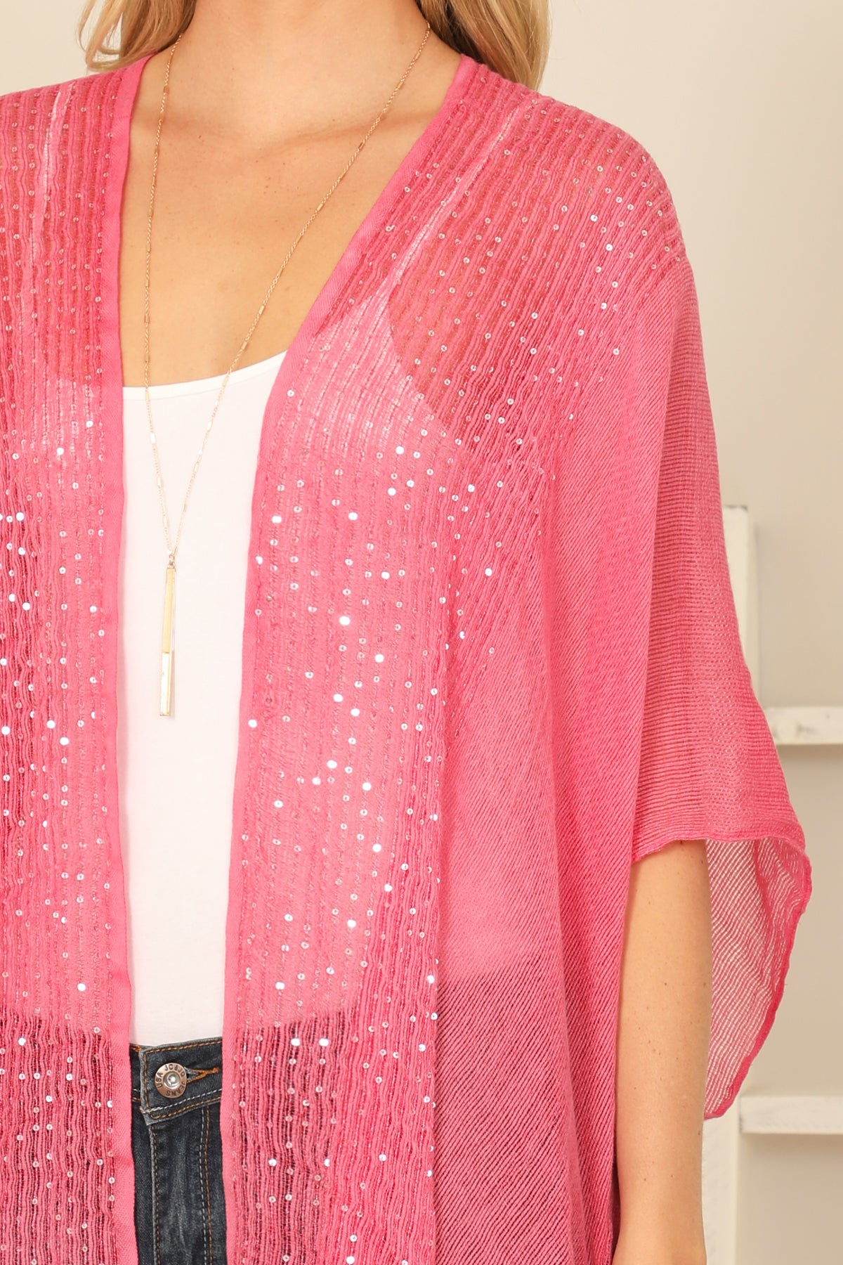 GLITTERED FRINGED OPEN CARDIGAN/6PCS