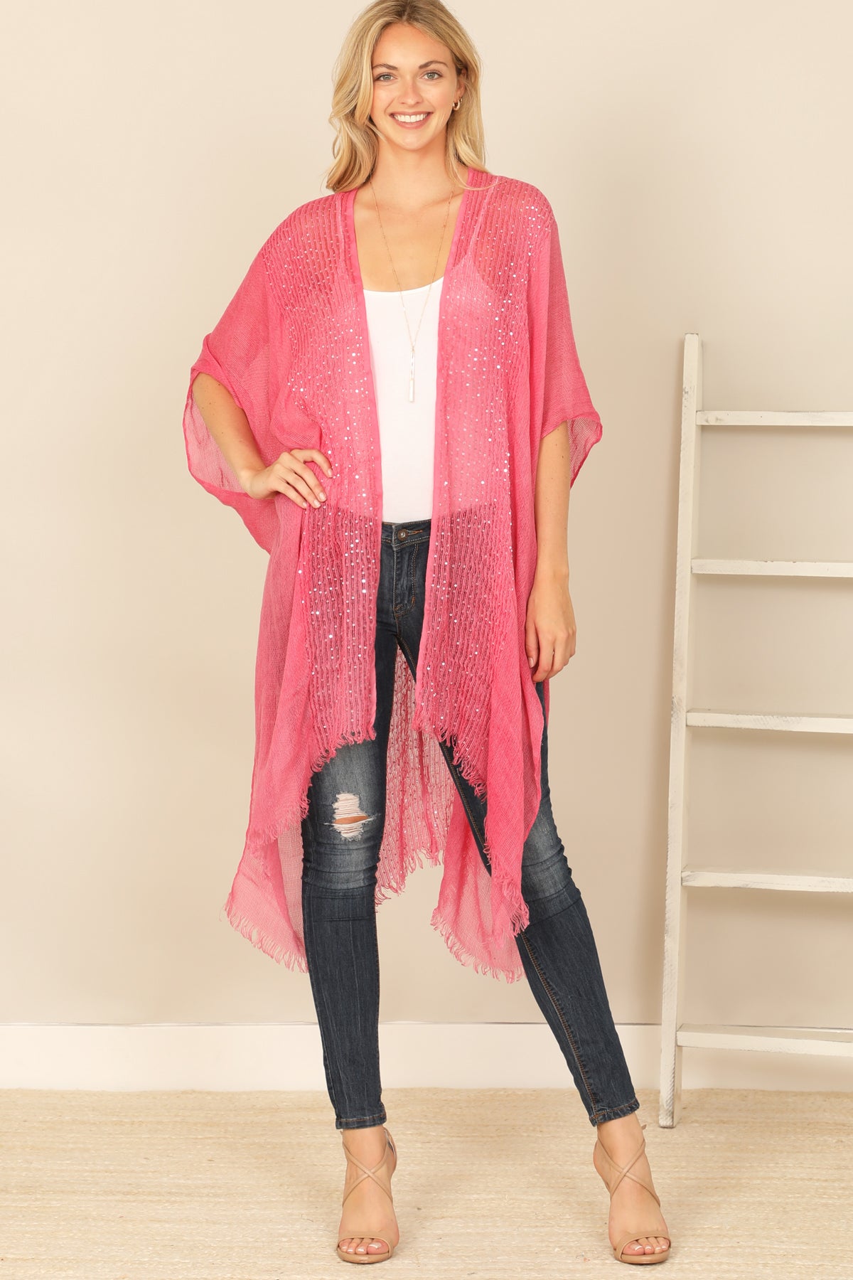 GLITTERED FRINGED OPEN CARDIGAN/6PCS