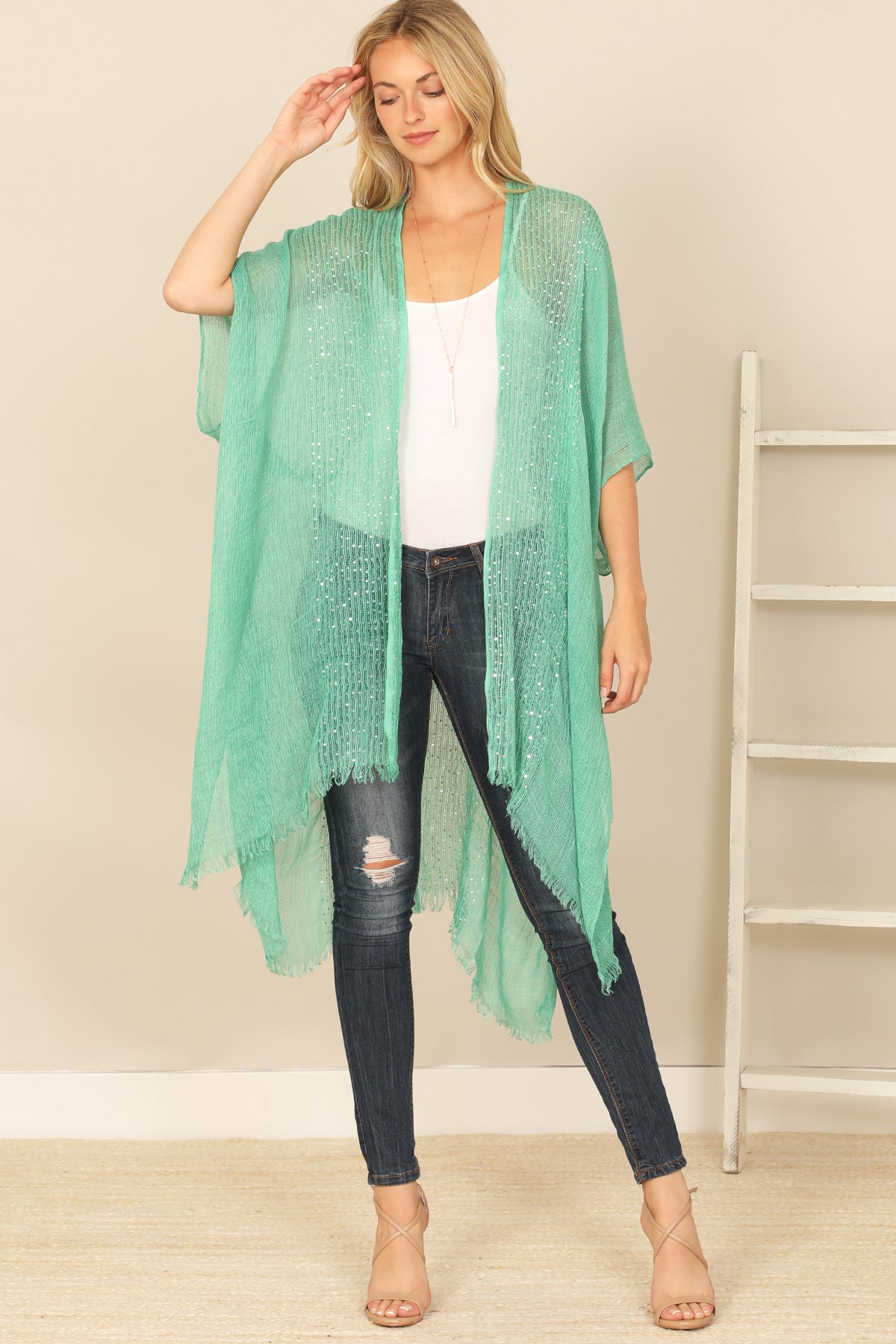 GLITTERED FRINGED OPEN CARDIGAN/6PCS