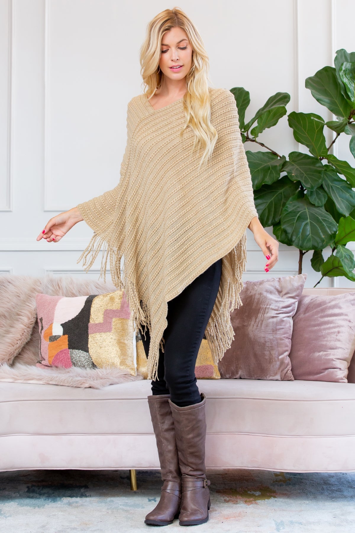 BEIGE KNITTED V PONCHO