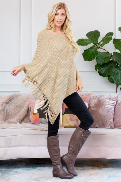 BEIGE KNITTED V PONCHO