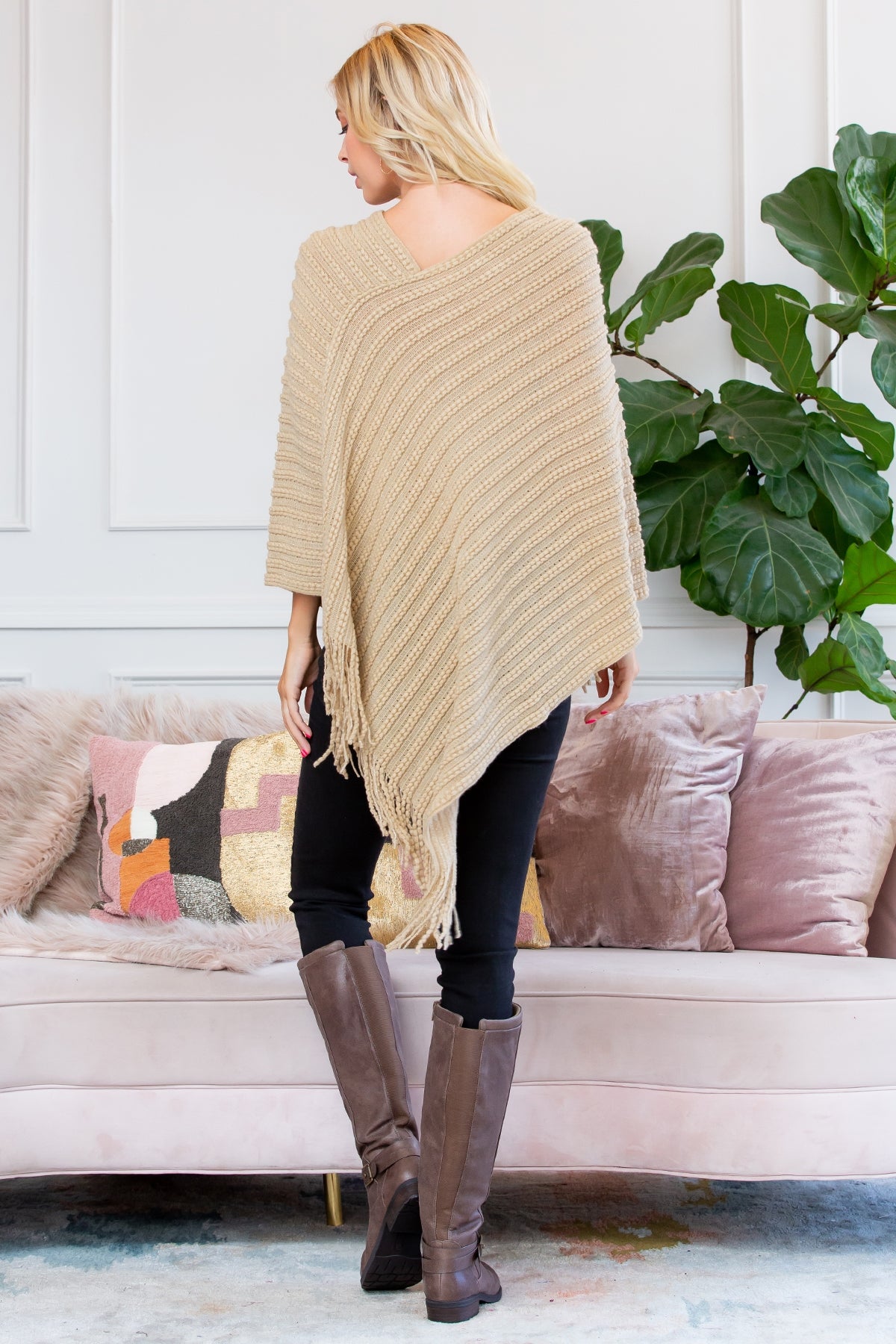 BEIGE KNITTED V PONCHO