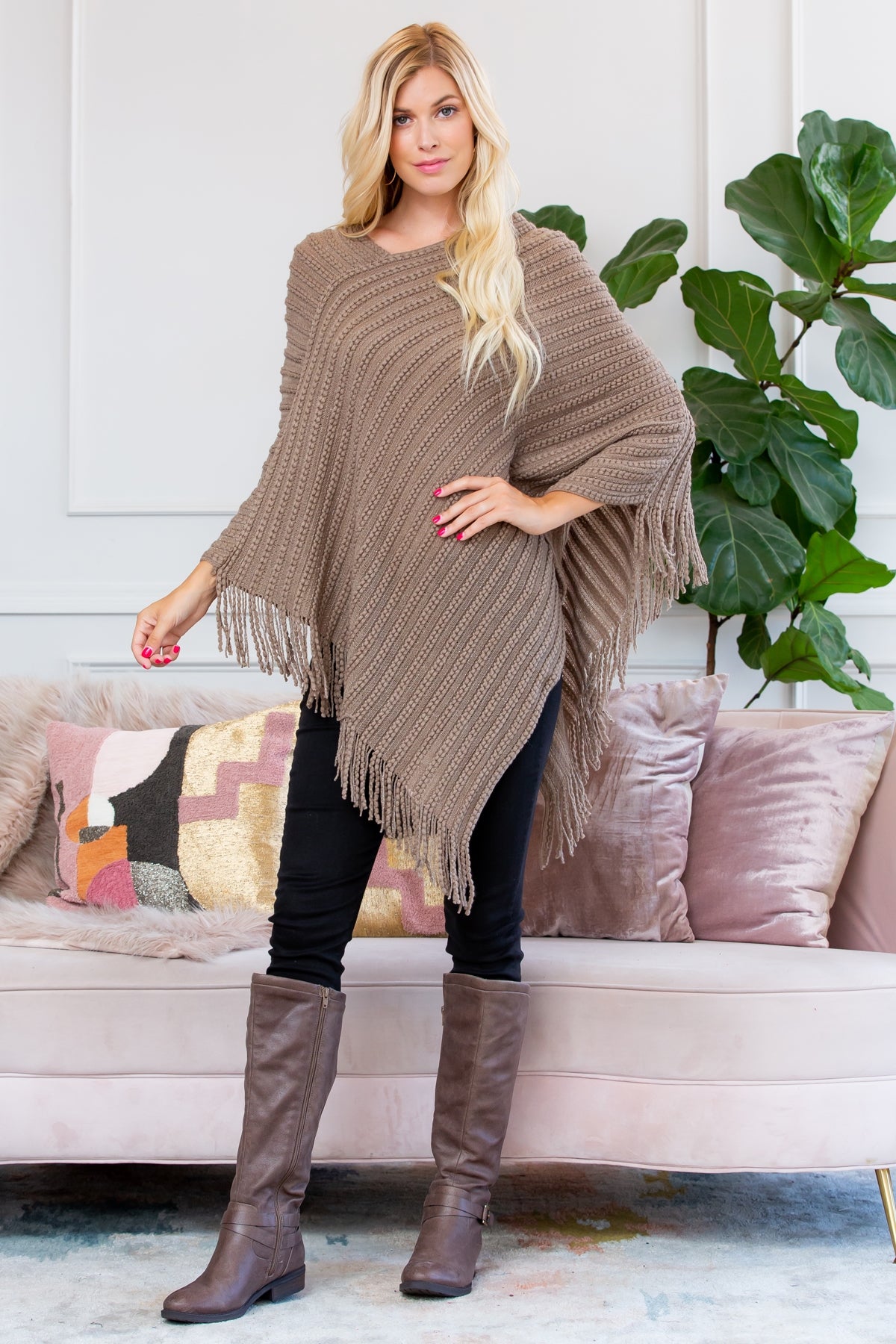 BEIGE KNITTED V PONCHO